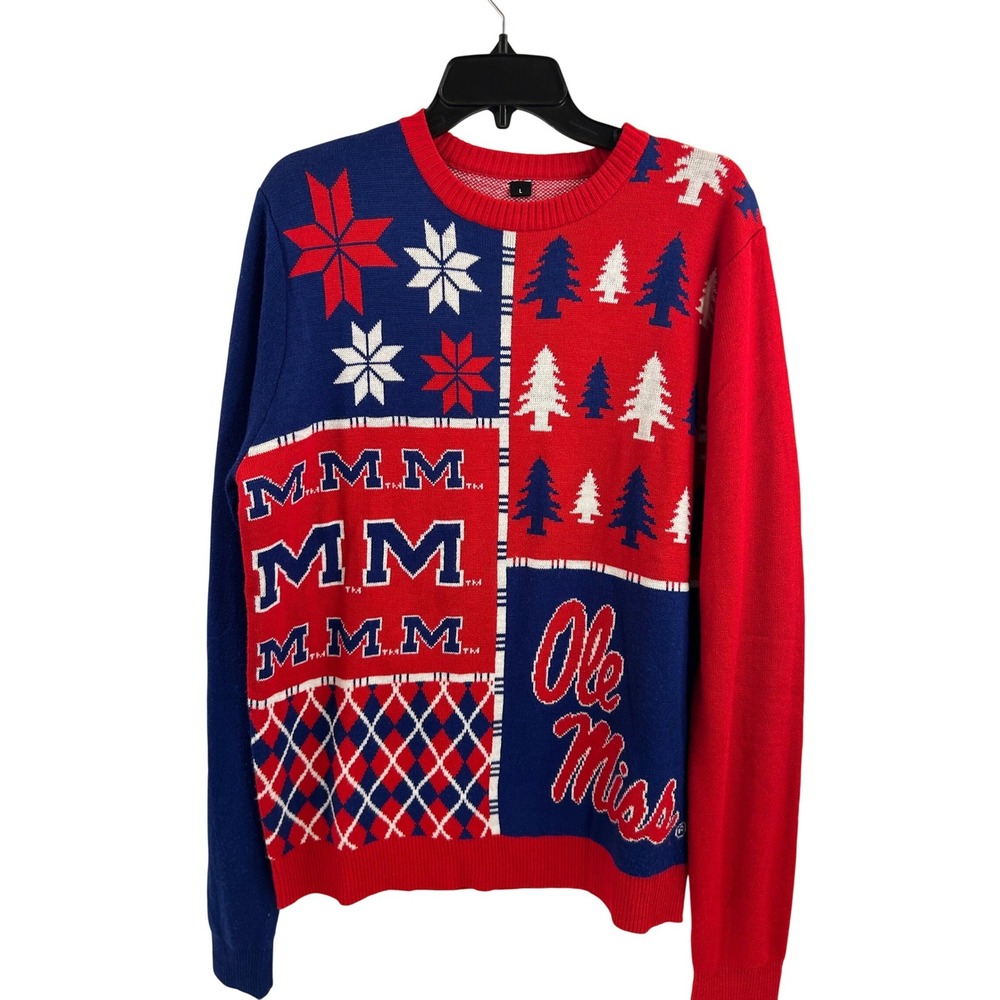Ole Miss Rebels Ugly Christmas Sweater Large Red Blue Patchwork Mens